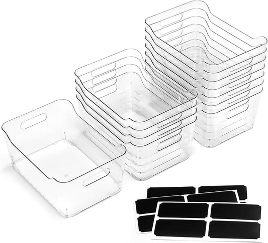 12 PACK Multi-Use Clear Plastic Storage Bins for Organizing w/ Labels - Home, Kitchen, Pantry, Bathroom, Office, Cabinet Shelf Organizer Bins - SOHO Collection, RV, Fridge Organization Containers -XL