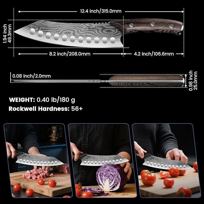 Japanese Kitchen Knife, 8.2 Inch Chef Knife, Carbon Steel Kiritsuke, Razor Sharp Santoku for Precision Cutting, Damascus Pattern, Full Tang Wood Handle,Thanksgiving Christmas Cooking Gifts