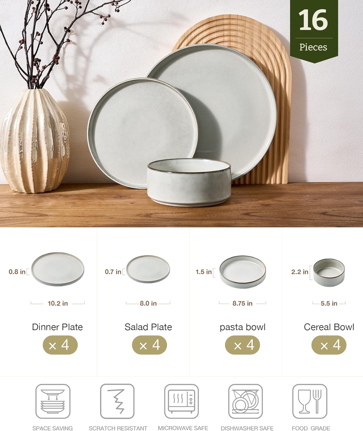 Famiware Annecy Plates and Bowls Sets, Service for 4 (16 Pieces), Dinnerware Sets with Pasta Bowls, Microwave and Dishwasher Safe Dishes Set, Chip and Scratch Resistant, Grey-White