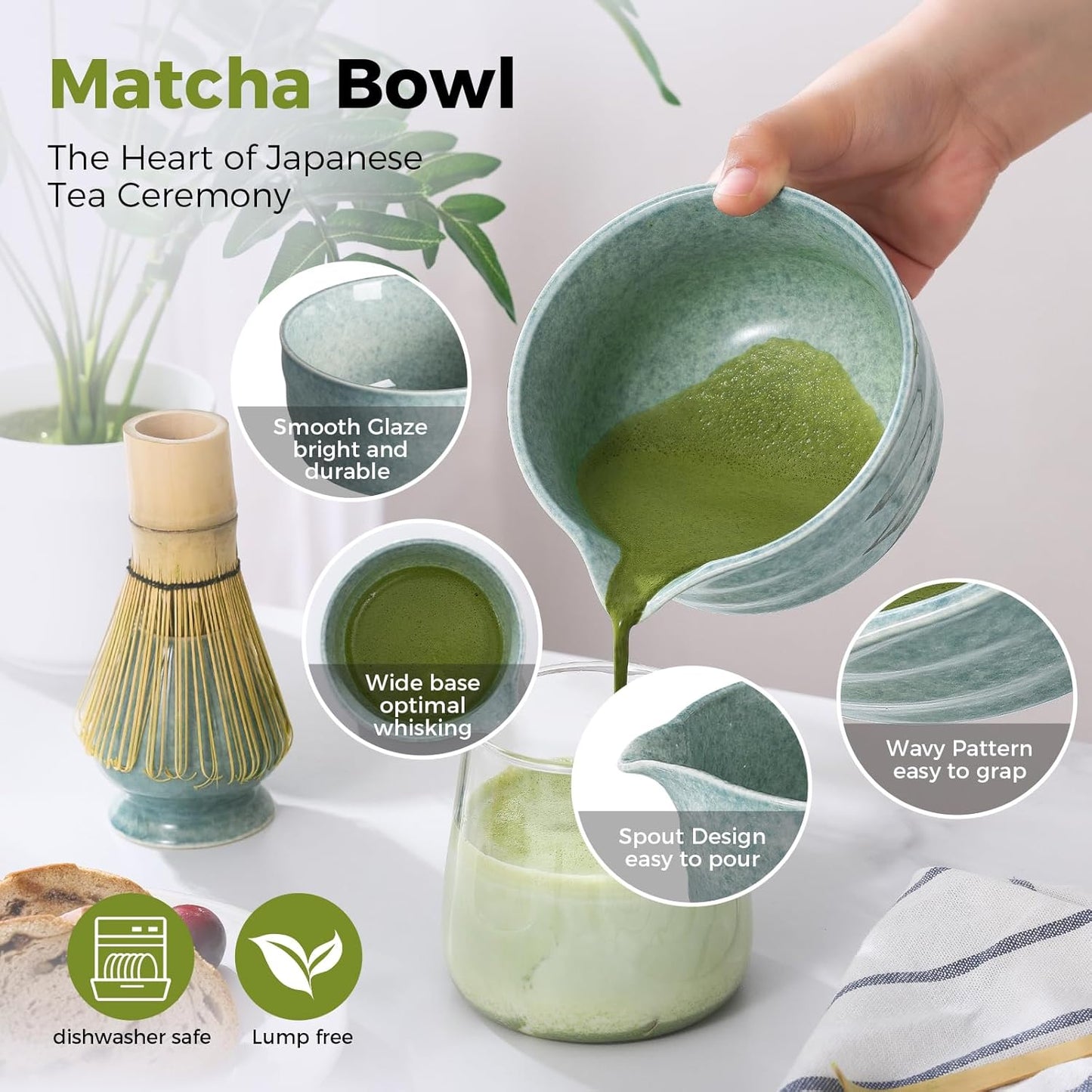 Matcha Whisk Set - Bamboo Whisk and Holder, Bowl with Spout (17 oz), Matcha Sifter and Scoop, 5 Pcs Cute Matcha Kit Set Gift for Matcha Lovers (Bluish Green)