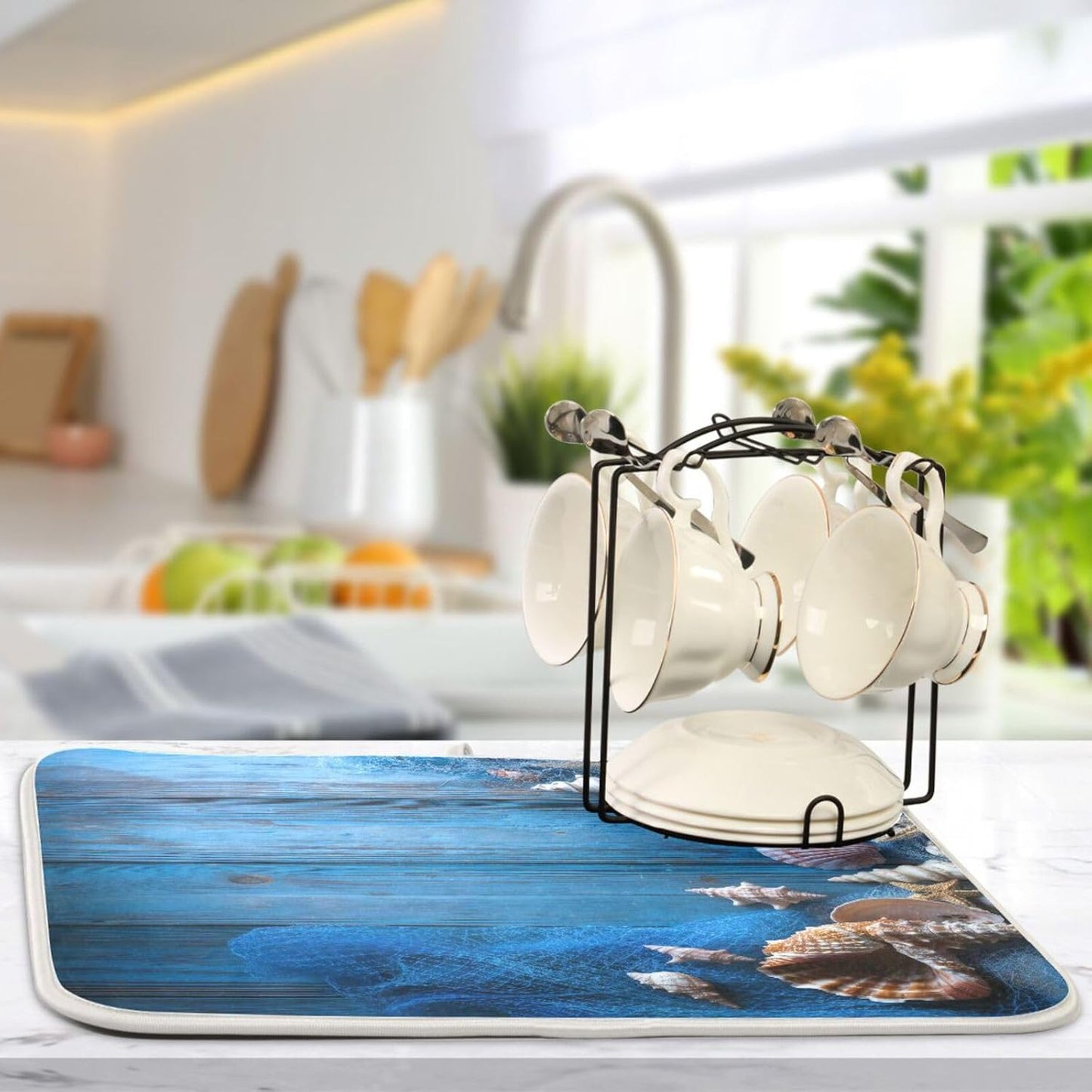 Blue Fishing Nets Seashells Starfish Dish Drying Mat for Kitchen Counter Super Absorbent Dishes Pad Reversible Microfiber Protector Dish Draining Mats 16x18 inch