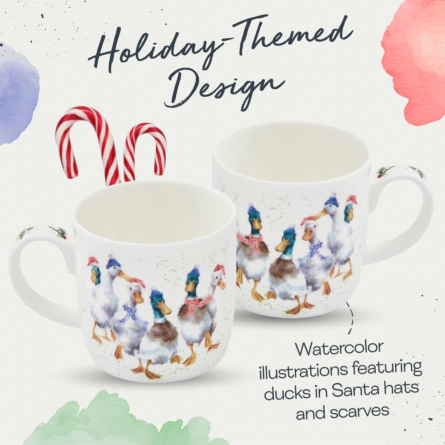 Royal Worcester 14 Oz Duck The Halls Christmas Mug with Duck Design - Fine Bone China Winter Holiday Coffee Mug, Microwave & Dishwasher Safe, Wrendale Designs Festive Holiday Tableware
