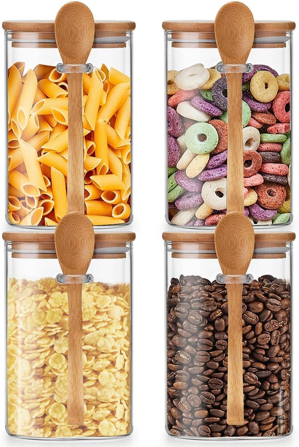 Unbreakable - Glass Jars with Airtight Bamboo Lid and Spoon, 4Pcs 39OZ Overnight Oats Containers, Kitchen Canisters, Glass Food Storage Containers for Coffee Beans, Flour, Sugar, Cookie,Pasta
