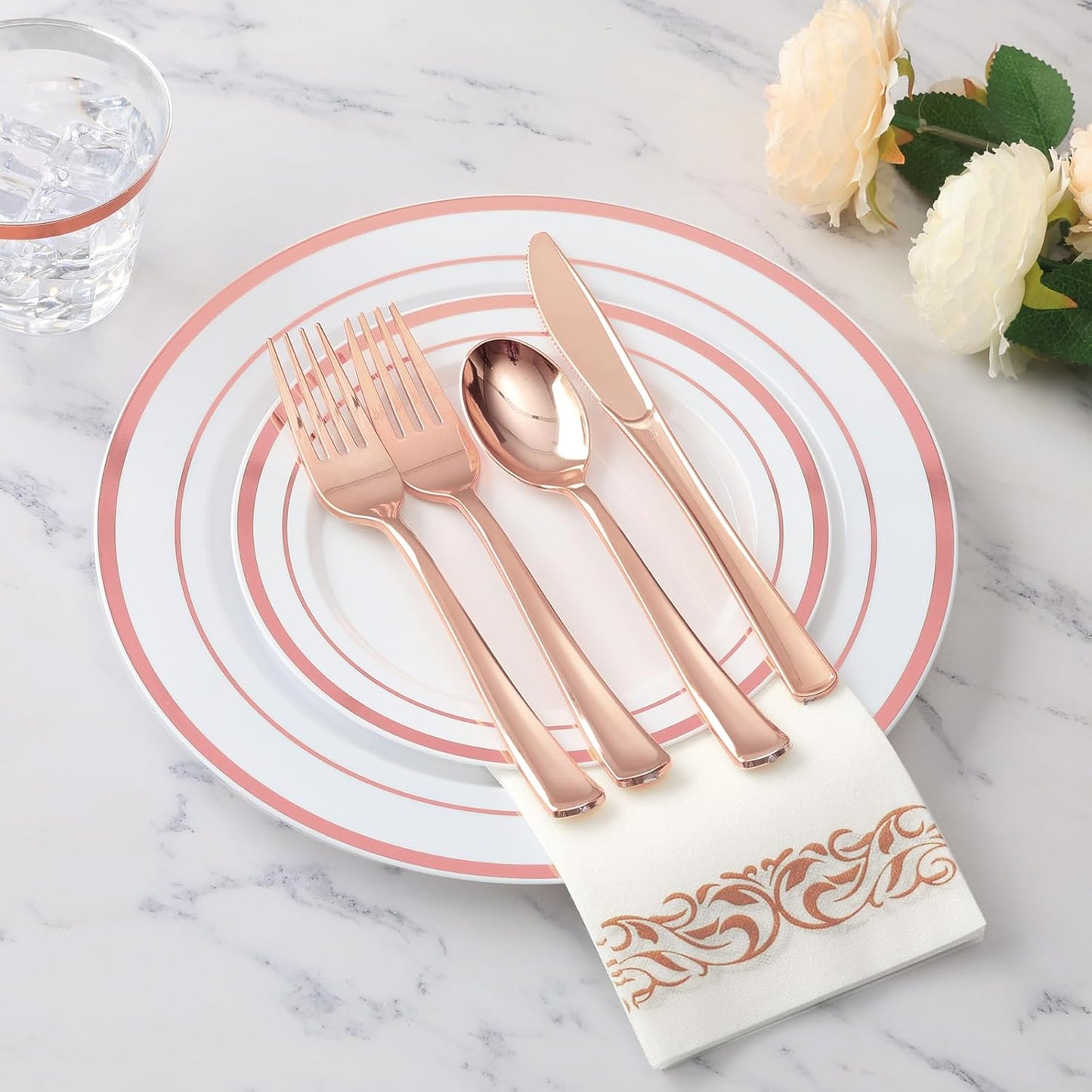 Goodluck 700 Piece Rose Gold Dinnerware Set for 100 Guests, Plastic Plates Disposable for Party, Include: 100 Dinner Plates, 100 Dessert Plates, 100 Paper Napkins, 100 Cups, 100 Silverware Set
