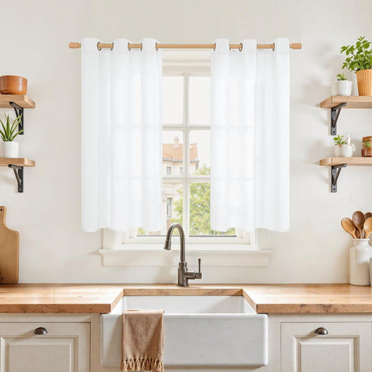 YoungsTex White Linen Curtains 40 Inches Length for Kitchen Cafe Window - Half Window Drapes Semi Sheer Light Filtering with Bronze Grommet for Bathroom Rustic Privacy, 2 Panels, 34 X 40 Inch