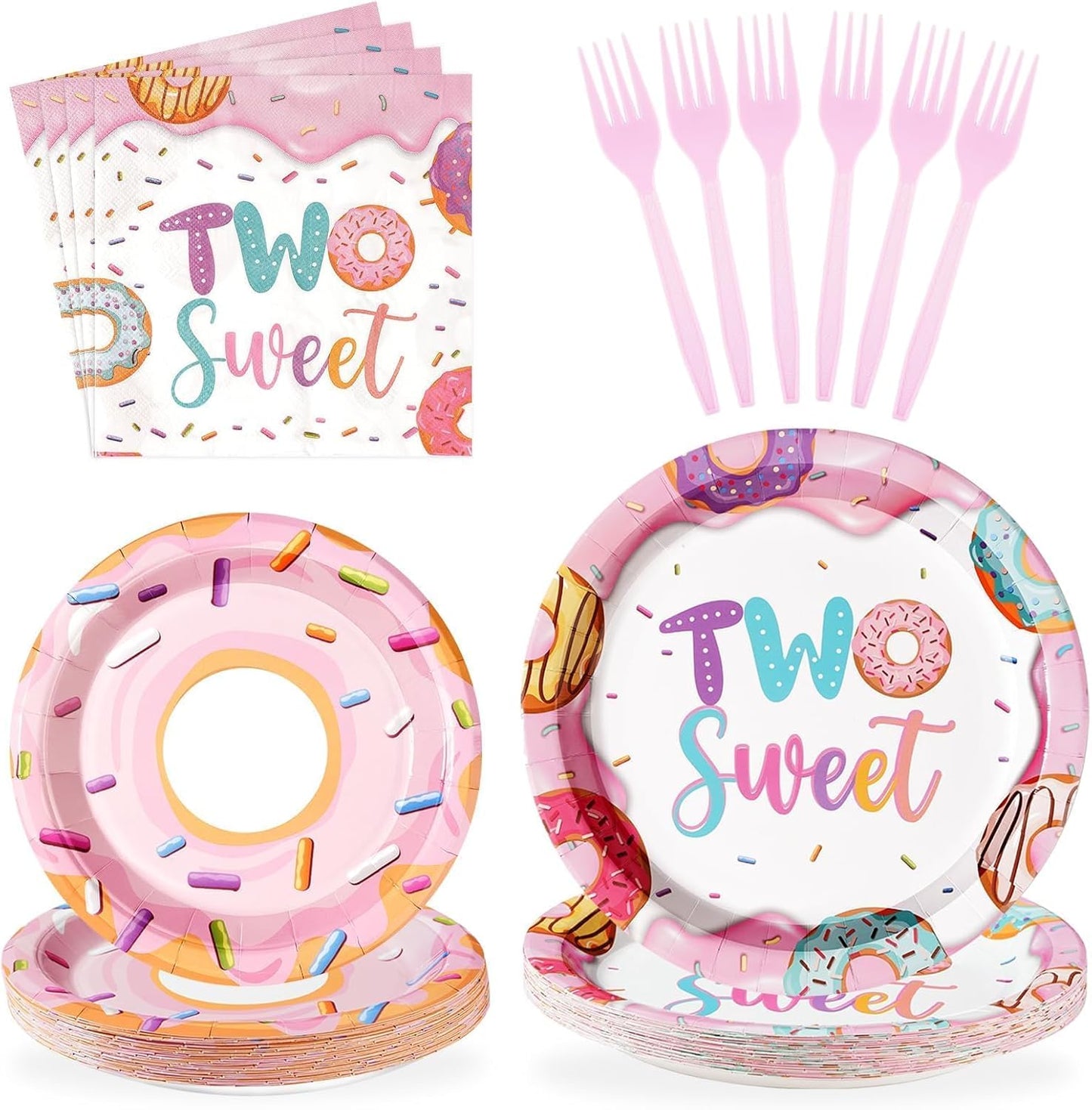 96 Pcs Two Sweet Donut Birthday Party Supplies Two Sweet Party Decorations Donut Plates Napkins Forks Girls Donuts Tableware Set for Baby Girl 2nd Birthday Decorations Baby Shower Serves 24