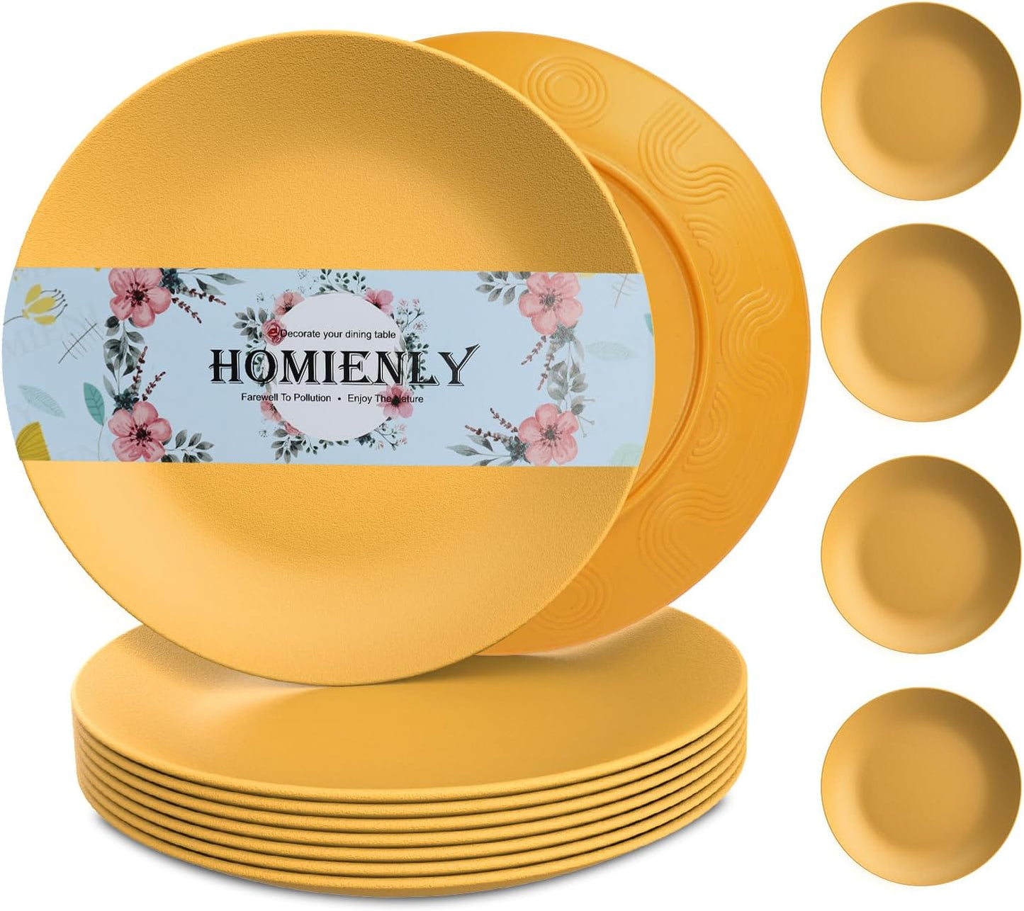 Homienly Flat Dinner Plates Set of 8, Alternative to Plastic, Microwave & Dishwasher Safe, Wheat Straw, Unbreakable Kids Plates (Yellow, 10 inch)