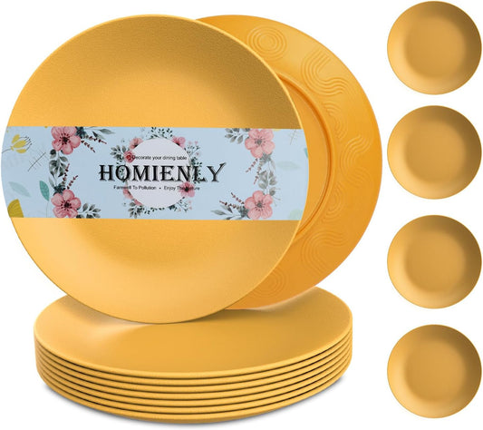 Homienly Flat Dinner Plates Set of 8, Alternative to Plastic, Microwave & Dishwasher Safe, Wheat Straw, Unbreakable Kids Plates (Yellow, 10 inch)