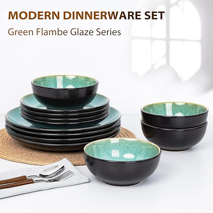 Plates and Bowls Sets for 6 - CJDC-QUELO 18-Piece Stoneware Dinnerware Sets, Ceramic Dishware Set for Indoor Kitchen Use and Formal Dining, Chip and Scratch Resistant Microwave Dishwasher Safe, Green