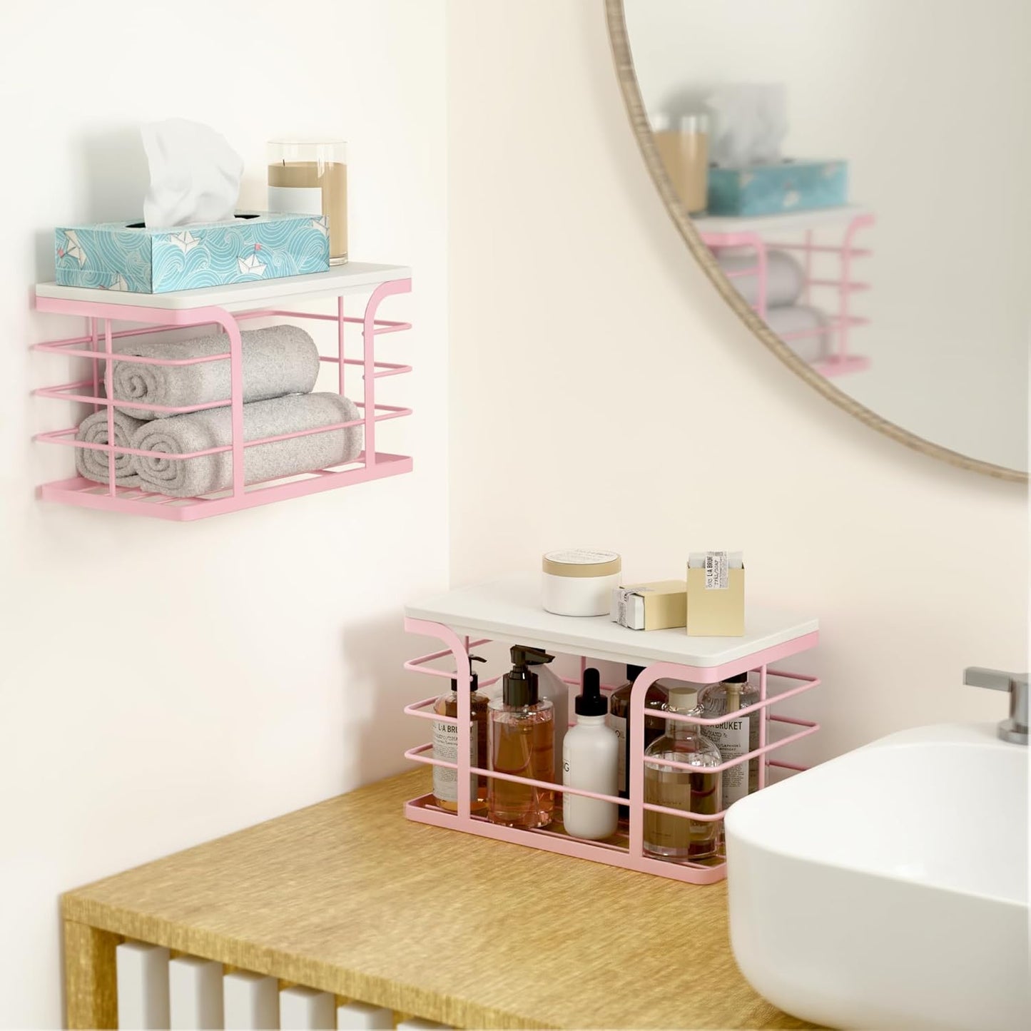 2 Pack Trash Bag Holder with Bamboo Top,Stackable Storage Bathroom Organizer Kitchen Laundry Pantry Organizers for Countertop Organization,Pink