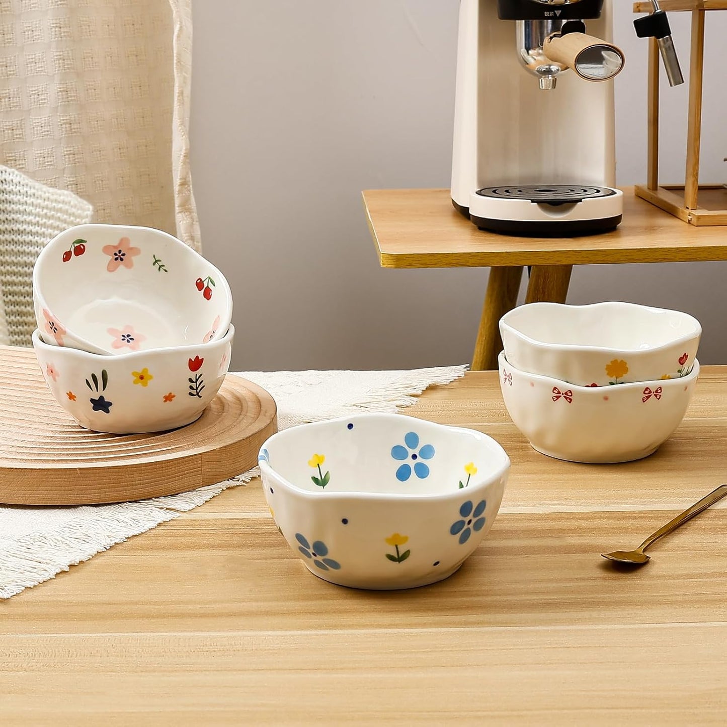 Koythin Ceramic Cereal Bowl, Cute Flowers Pattern Kitchen Bowls for Cereal, Salad, Pasta, Soup, Dessert, Serving, Home Decor, Microwave and Dishwasher Safe (Pink Bow)