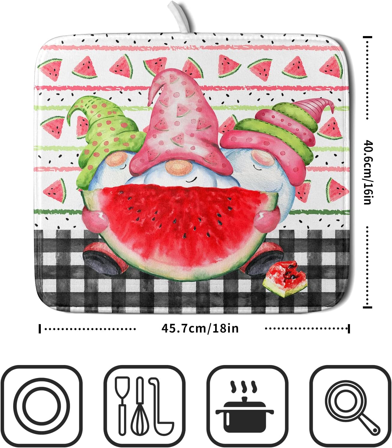 Kawani Gnomes Watermelon Dish Drying Mat for Kitchen Counter, Summer Watercolor Fruit Buffalo Check Quick Dry Absorbent Dishes Draining Mats Reversible Drainer Rack Pad 16 x 18