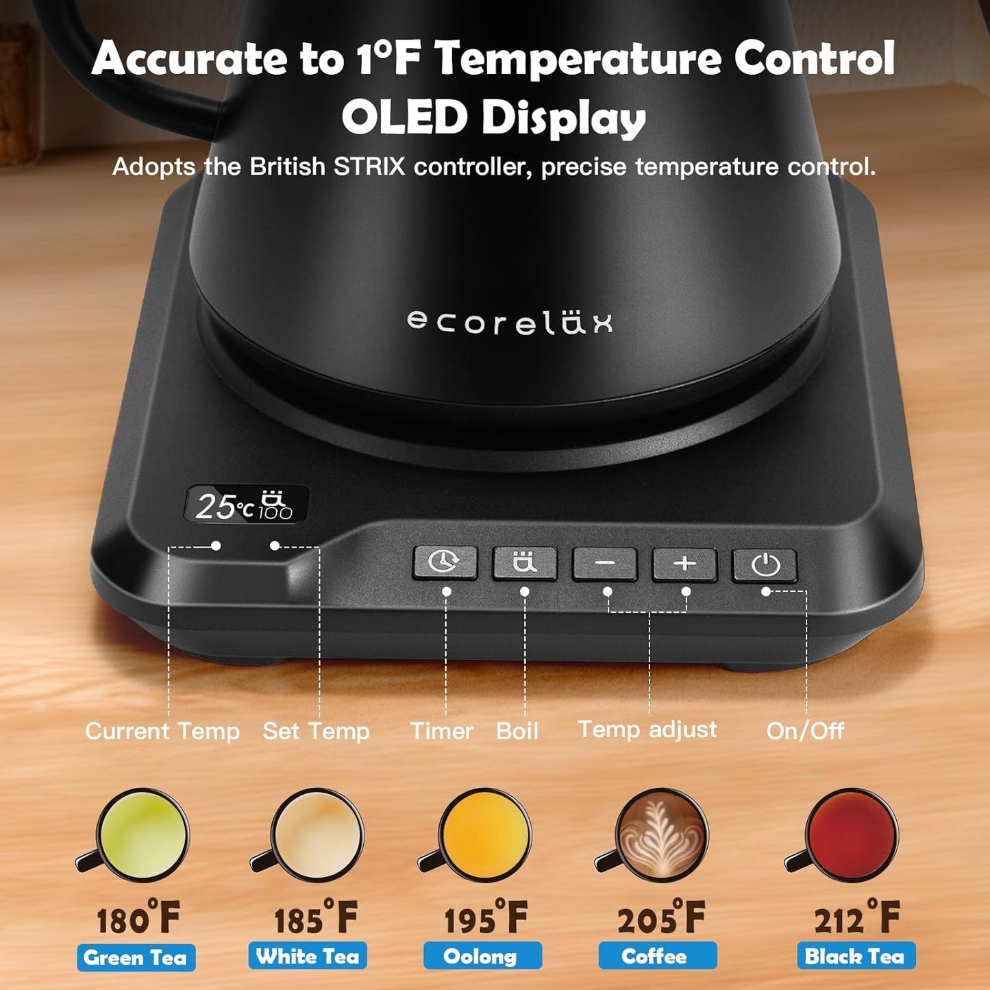 ECORELAX Gooseneck Electric Kettle, ±1℉ Temperature Control Pour Over Kettle for Coffee, Tea & Water, Stainless Steel 1200 W Keep Warm OLED Display 1 L (Black)