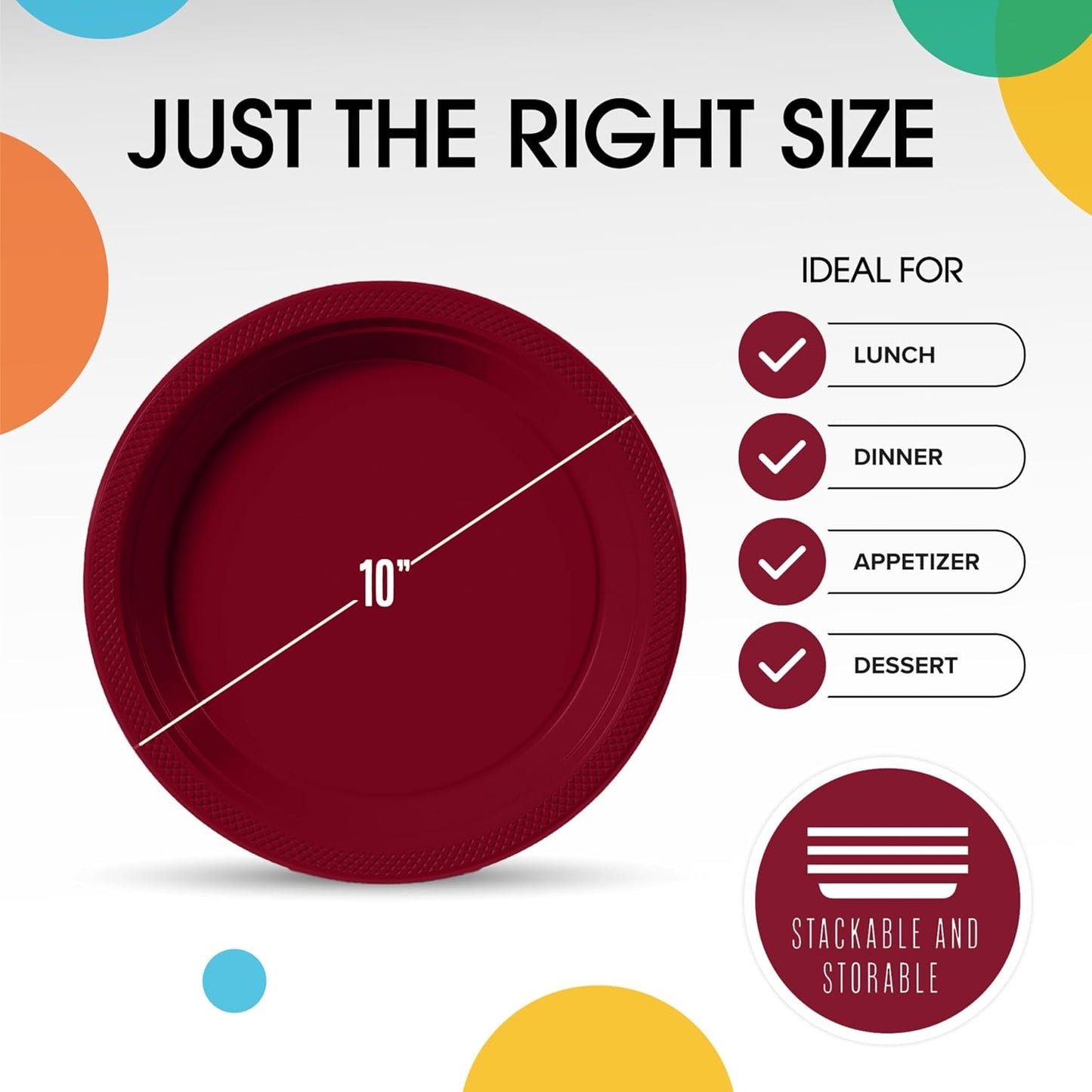 Exquisite Party Solids Burgundy Plastic Plates For Party Supplies 10" Burgundy Disposable Plates Heavy Duty 50 Pcs Plastic Dinnerware Sets Heavy Duty 350 GSM Disposable Dinnerware Set