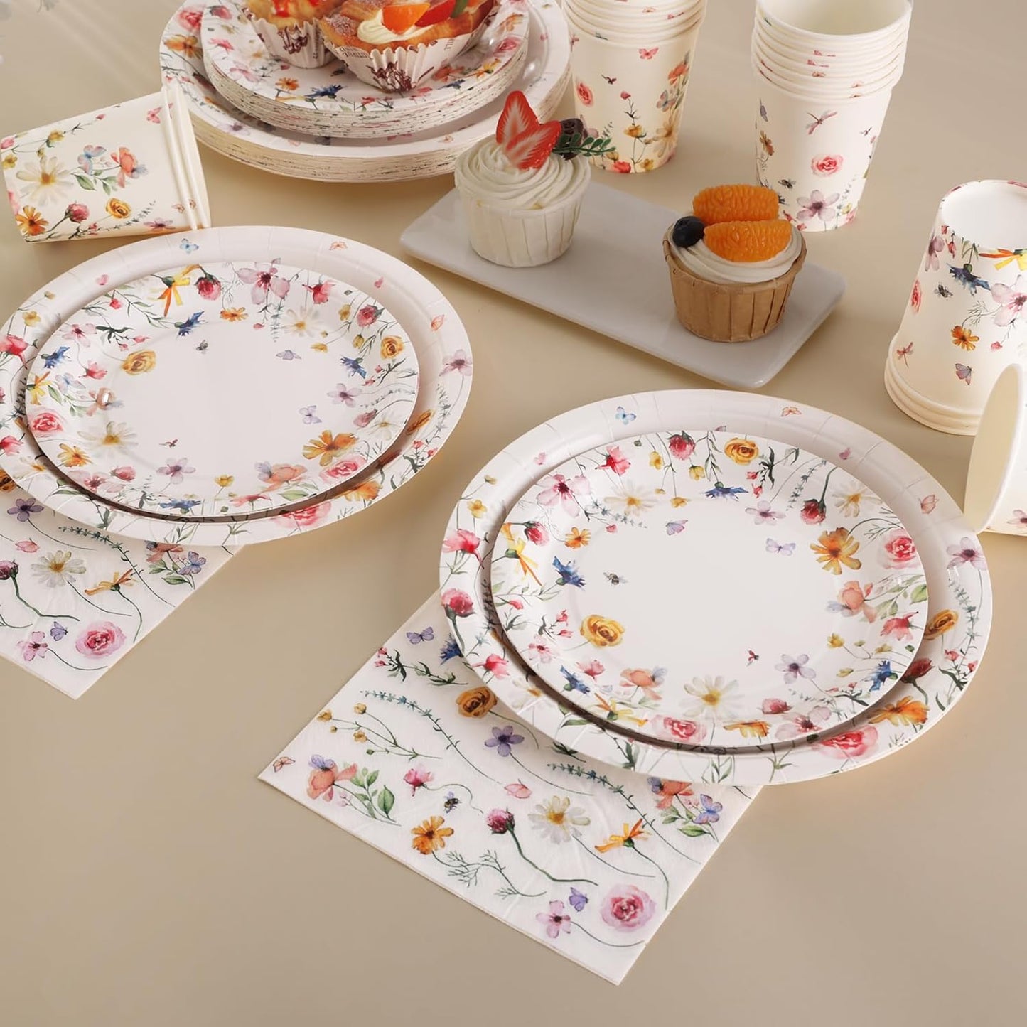 Wildflower Party Supplies Decorations 175PCS Floral Paper Plates and Napkins, Tea Party Plates and Cups Disposable Dinnerware Sets for Spring Butterfly Birthday Decorations, Serves 25