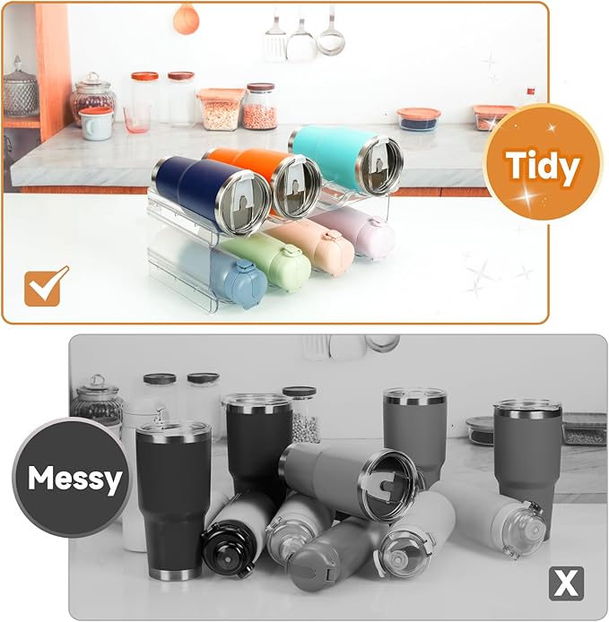 Stackable Water Bottle Organizer, SPOSPO Large Compartment Water Bottle Holder, 2 Tier Clear Water Bottle Organizer for Cabinet, Water Bottle Rack for Kitchen Organization and Storage - Hold 8 Bottles