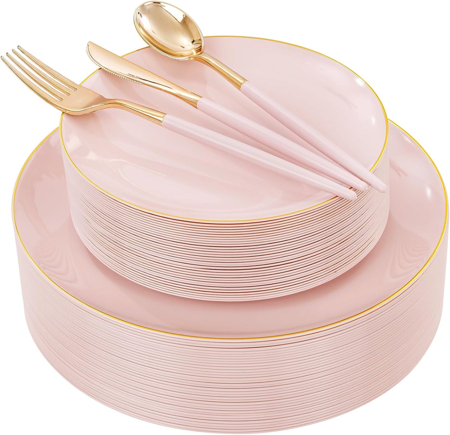 DaYammi 150Pcs Pink and Gold Plastic Plates Heavy Duty Gold Rimmed Plates Pink Plastic Disposable Plate Included 30 Dinner plates,30 Dessert plate,30 Knives,30 Forks,30 Spoons for Wedding Party