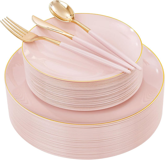 DaYammi 150Pcs Pink and Gold Plastic Plates Heavy Duty Gold Rimmed Plates Pink Plastic Disposable Plate Included 30 Dinner plates,30 Dessert plate,30 Knives,30 Forks,30 Spoons for Wedding Party