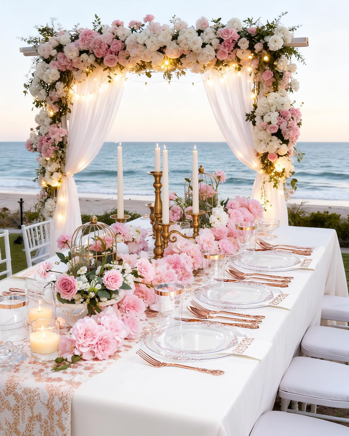 YOUBET 700PCS Rose Gold Plastic Plates - Clear Rose Gold Plastic Dinnerware Set Include 200 Disposable Plate, 300 Heavy Duty Silverware, 100 Cups, 100 Napkins for Wedding & Party & Baby Shower