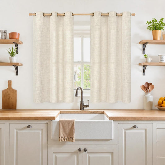 YoungsTex 48 Inches Long Linen Curtains for Short Window, Boho Cream Semi Sheer Drapes Textured with Bronze Grommet Privacy for Kitchen Bedroom Bathroom Living Room Rustic, 42 x 48 Inch, 2 Panels