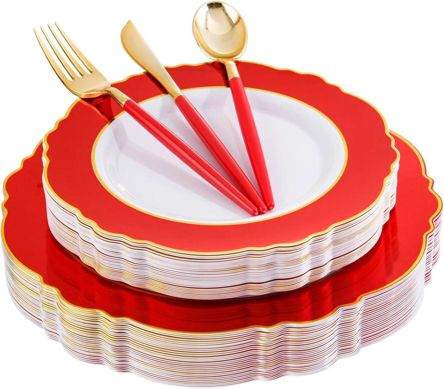 WDF 30Guest Red 4th of July Plates - Gold Plastic Silverware With Red Handle - Christmas Plates Disposable- Baroque Plastic Dinnerware for 4th of July