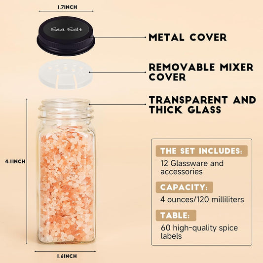 6Pcs Spice Jars with Label, 4oz Empty Square Seasoning Containers, Spice Jars with Shaker Lids, Small Spice Bottles for Salt, Herbs, Sugar, Pepper, Seasoning Jars for Spice Rack, Cabinet, or Drawer