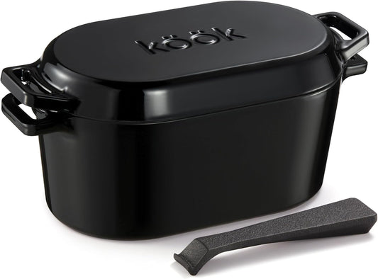 KooK Dutch Oven, for Bread Baking, Sourdough Loaf Pan, with Lid, Dual Handles, Enameled Cast Iron, includes Lid Lever, Dishwasher Safe, 3.4 Qt, Black