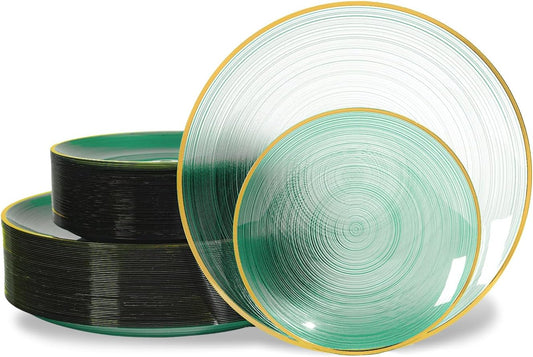 100PCS Green Plastic Plates-Crystal Design Green Disposable Plates with Gold Rim, Fancy Disposable Plates Include 50 Dinner Plates, 50 Dessert/Salad Plates for Party & Christmas