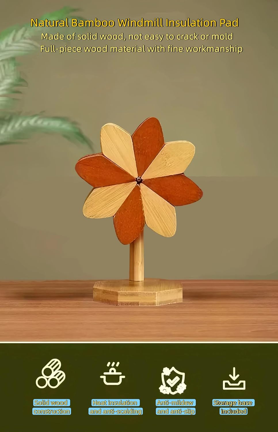 Foldable Pinwheel Wooden Trivets for Hot Dishes,Natural Pinwheel Shape Trivets Set with 4 Pads and 1 Stand for Pot,Bowl,Teapot, Easy Storage Windmill Design Kitchen Decor‌