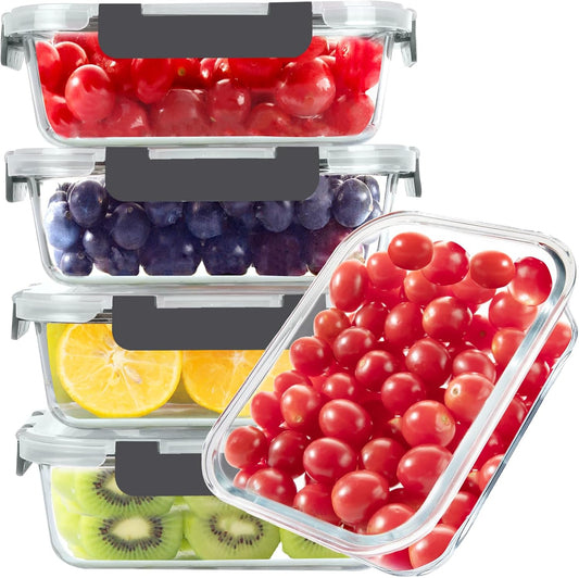 BAYZZ Glass Food Storage Containers, 5 Pack 35 Oz Glass Meal Prep Containers, Lunch Boxes with Airtight BPA-Free Lids, Microwave, Freezer and Dishwasher Safe