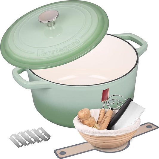 Enameled Cast Iron Dutch Oven Pot with Lid, for Bread Baking, Round Bread Oven- include Sourdough Bread Baking Supplies Set, 4.5QT, Green