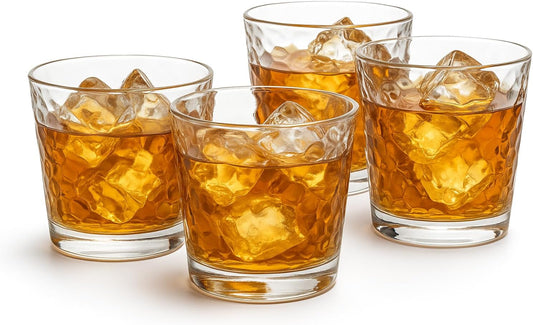 Crinkle Whiskey Glasses 12oz - Set of 4 Unique Textured Glassware for Bourbon, Scotch, Old Fashioned Cocktails - Dishwasher Safe Rocks Glasses Tumbler Set – Gift Ready Box