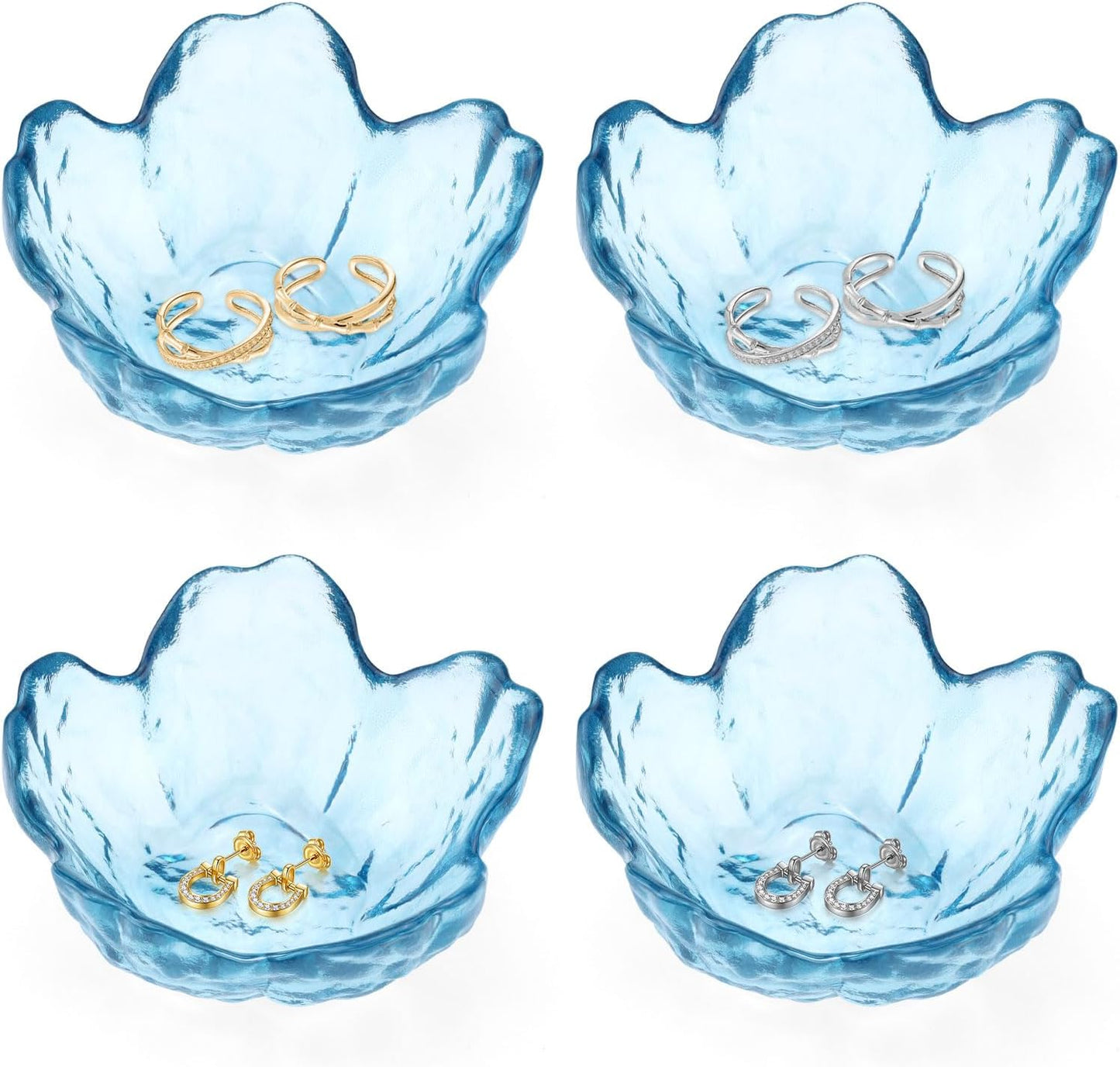 4 Pack Ring Dish Jewelry Tray, Small Glass Trinket Dish, Decorative Aesthetic Ring Holder Plate Bowl for Women Ring Earring Bracelet for Vanity Nightstand (Crystal Blue)