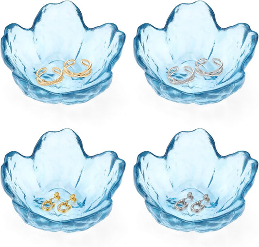 4 Pack Ring Dish Jewelry Tray, Small Glass Trinket Dish, Decorative Aesthetic Ring Holder Plate Bowl for Women Ring Earring Bracelet for Vanity Nightstand (Crystal Blue)