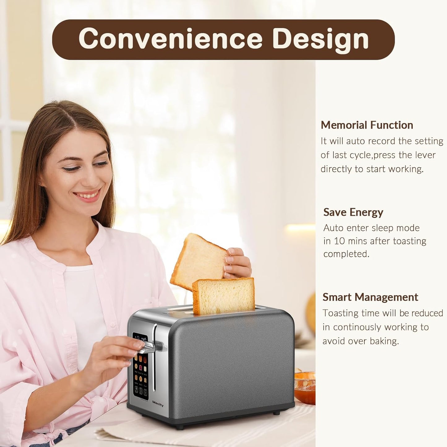 Mecity 2 Slice Touch Screen Toaster, 1.5" Wide Slot, Stainless Steel Smart Toaster for Bagels, Muffins, Waffles, Gluten-Free Breads, Defrost, Reheat, Timer, 120V 825W, Grey Pearl