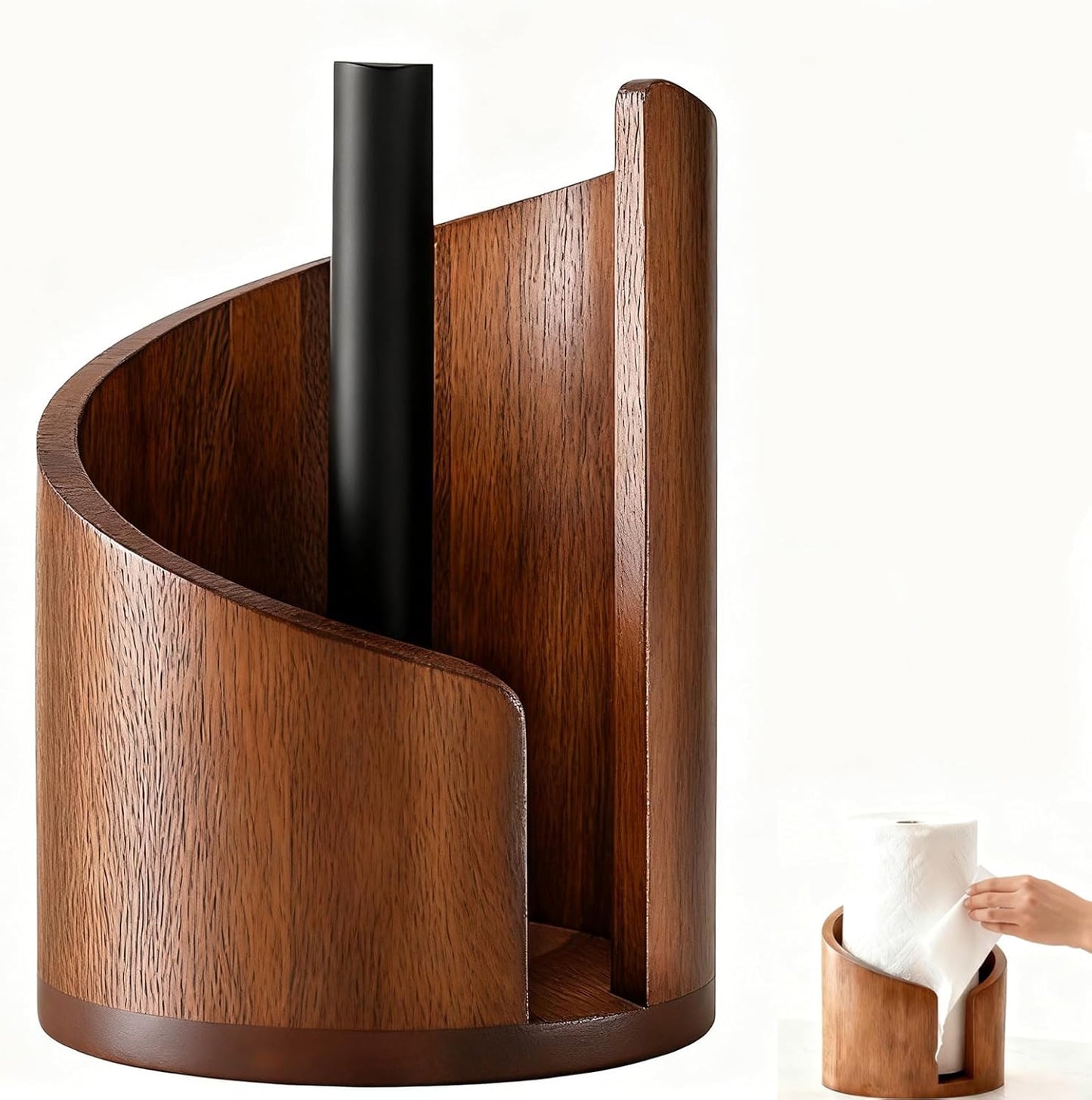 Mountain Paper Towel Holder Countertop with Mango Wood and Iron Round Base, Effortless One-Hand Tear Modern Kitchen Towel Dispenser for Counter, Cabinet, Farmhouse Kitchen (Brown)