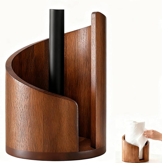 Mountain Paper Towel Holder Countertop with Mango Wood and Iron Round Base, Effortless One-Hand Tear Modern Kitchen Towel Dispenser for Counter, Cabinet, Farmhouse Kitchen (Brown)