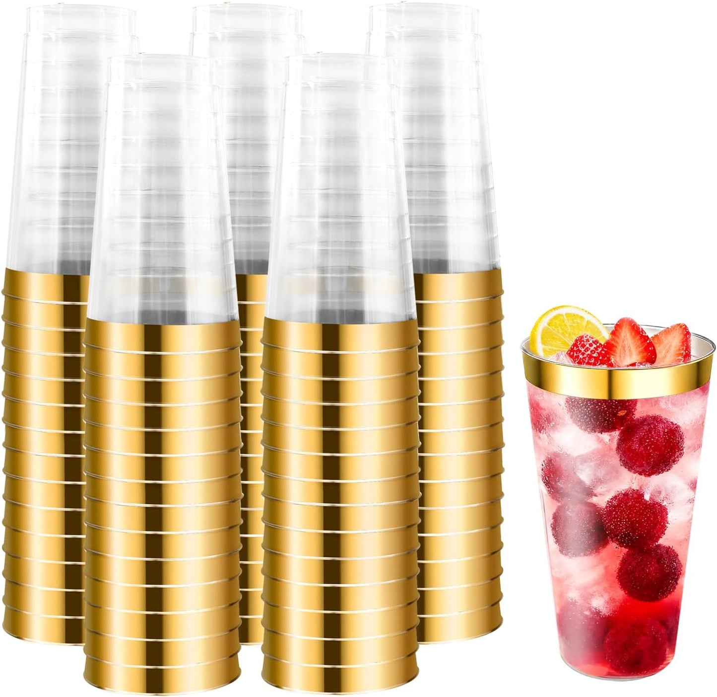 100 Pcs Gold Plastic Tumblers - 16 oz Clear and Gold Rim Plastic Wine Cups, Big Size Fancy Disposable Party Cup Beverage Drinking Cup for Party, Wedding, Halloween, Thanksgiving & Christmas