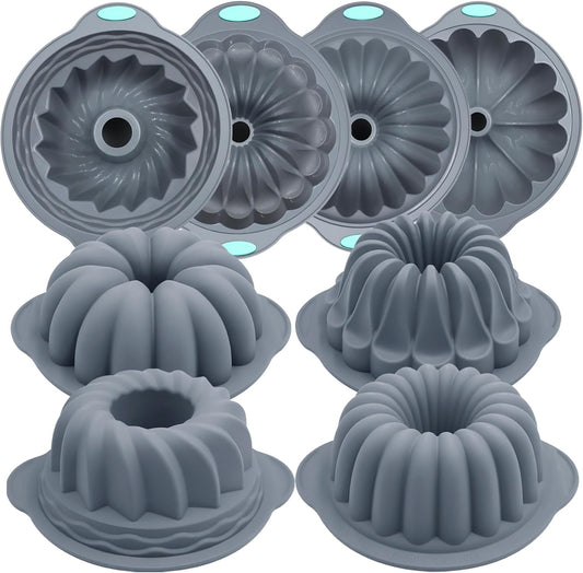 Tongjude 4 Pieces Silicone Fluted Tube Cake Pans, 10 Cups Tube Baking Pan, Jello Mold, Silicone Molds for Homemade Cake, Bread and Jello, Non-Stick, Grey