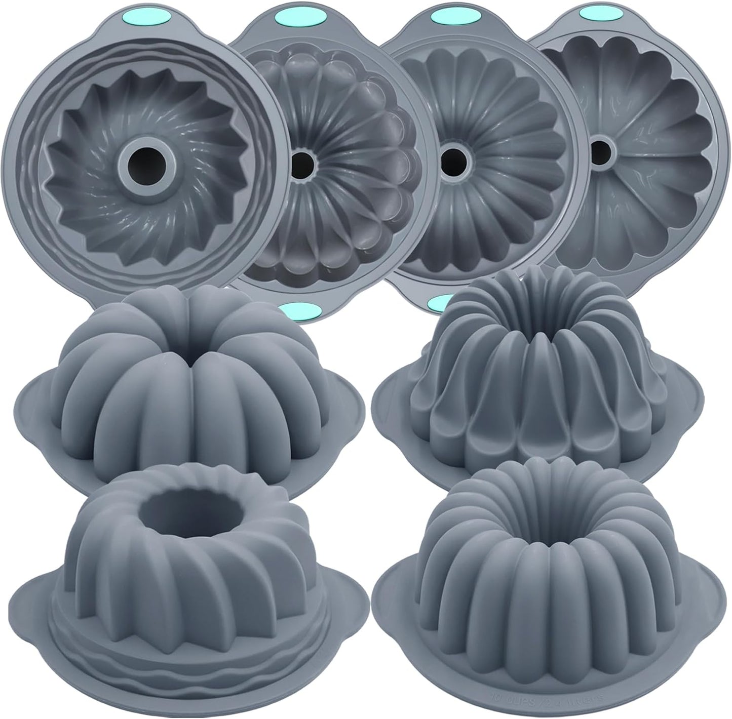 Tongjude 4 Pieces Silicone Fluted Tube Cake Pans, 7 Cups Tube Baking Pan, Jello Mold, Silicone Molds for Homemade Cake, Bread and Jello, Non-Stick, Grey
