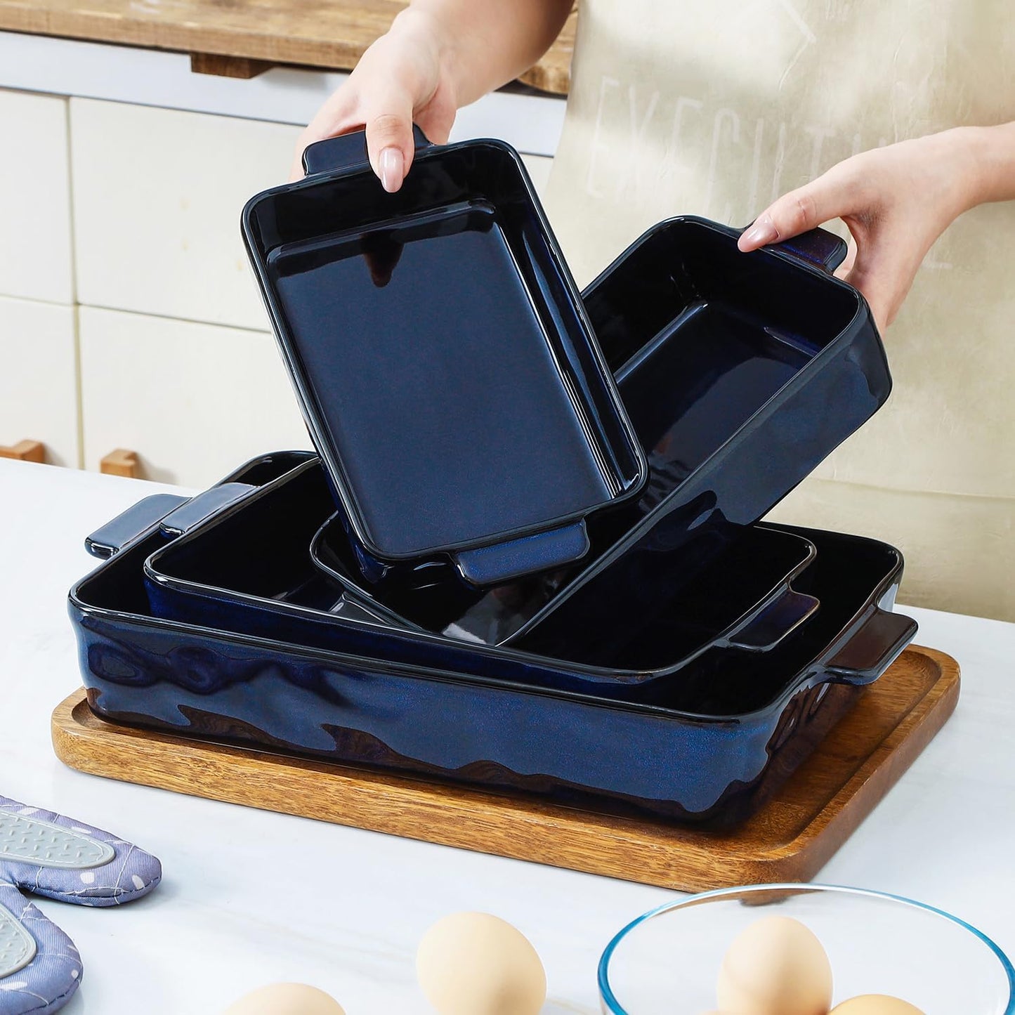 VICRAYS Ceramic Bakeware Set, Porcelain Rectangular Lasagna Pans Casserole Dish Set for Baking, Cooking, Kitchen, Cake Dinner, Banquet and Daily Use, 4 PCS, Blue(9.52"/11.06"/11.77"/14.56")