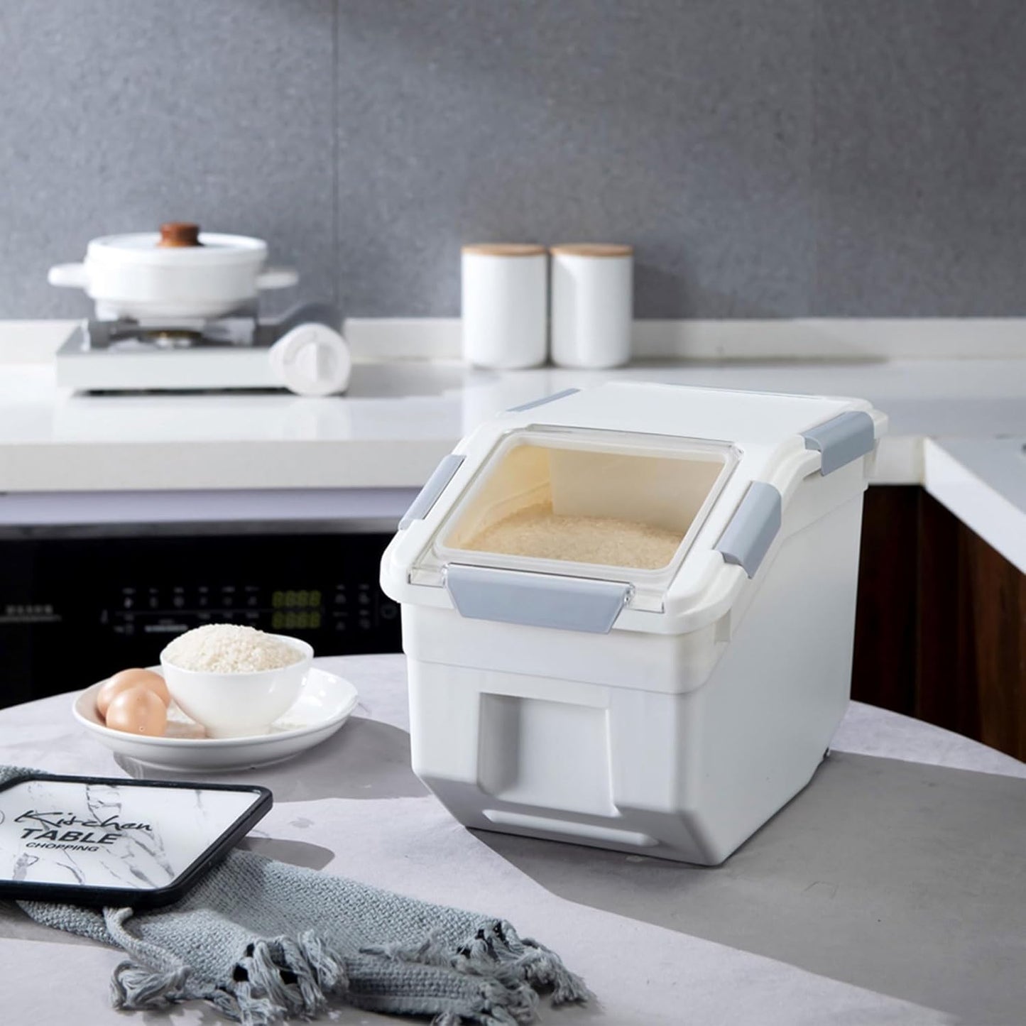 HANAMYA 10 Liter / 20 lbs Rice Storage Container with Measuring Cup, BPA free, For Rice | Grain | Pet Food | Flour, 2 count, White