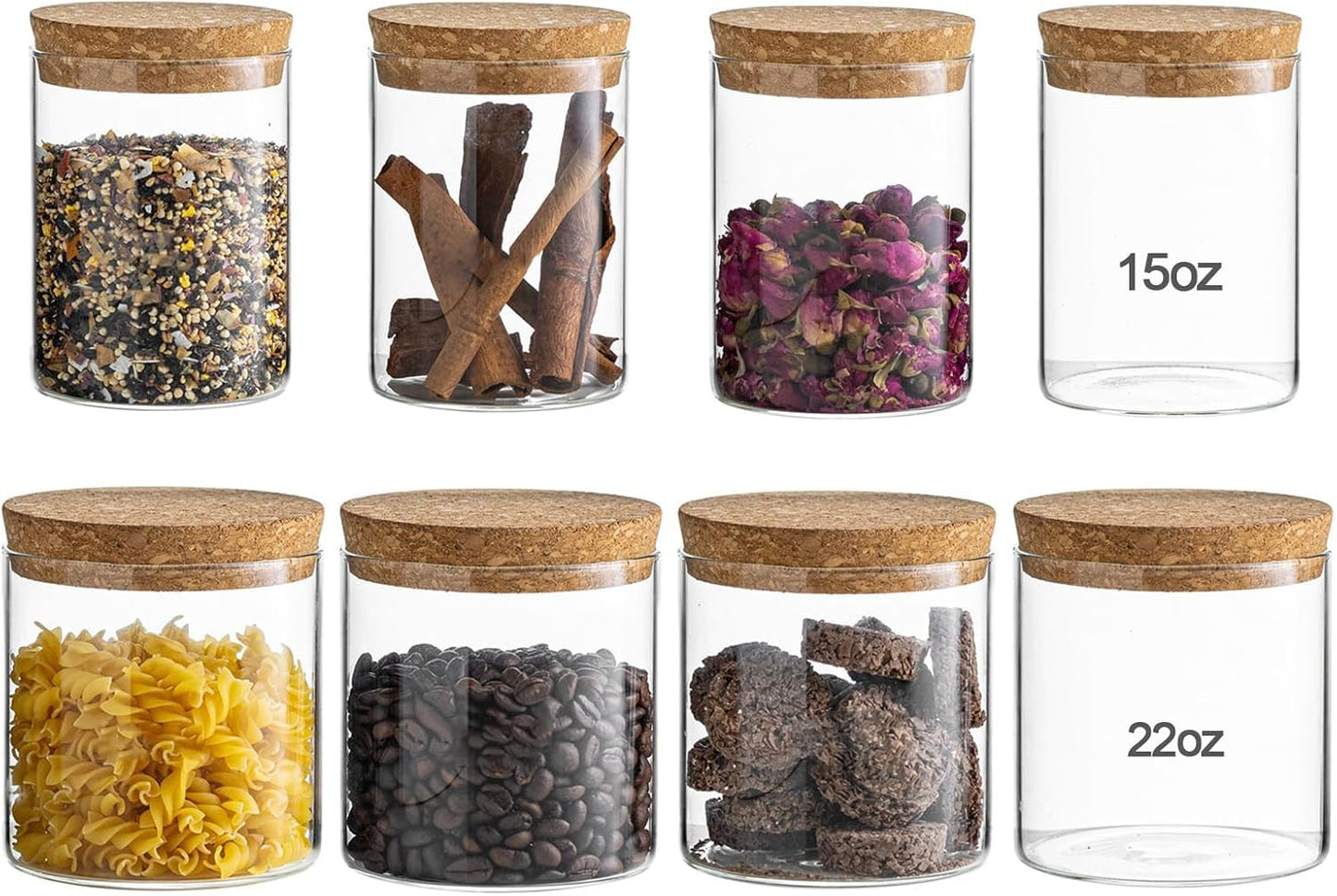 Airtight Glass Jars with Cork Lids - 2 Sizes Glass Storage Containers, Food Storage Jars for Coffee, Tea, Spices, Flour, Snacks, Cereal, Dry Goods - Clear Canisters for Countertop or Cabinet(8)