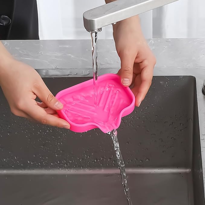 Silicone Bathroom Soap Dishes with Drain Spout-Bathroom and Kitchen Sink Organizer,Sponge Holder,Dish Soap Tray,Perfect for Dispenser,Scrubber,Bottle,Cup on Sink or Counter-Rose 4.9"×3.2"