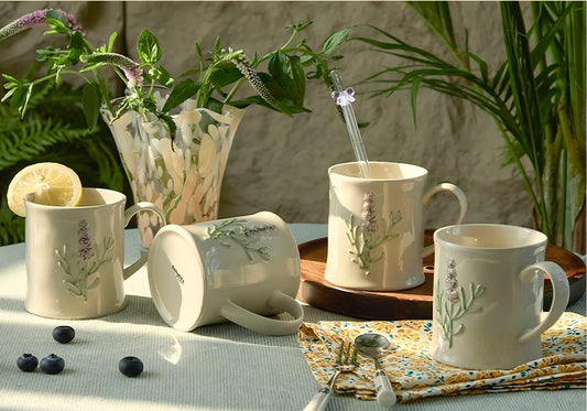 Artisanal Handcrafted Ceramic Mug with Sage Botanical Design - 12oz Off-White Stoneware Coffee Cup, Elegant Purple Sage Pattern, Dishwasher Safe, Comfort Grip Handle for Daily Use-4pack