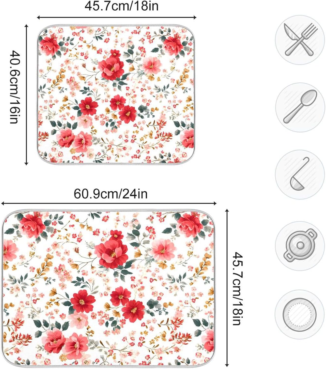Spring Floral Colorful Flowers Dish Drying Mat for Kitchen Counter Absorbent Dish Drainer Mats Drying Pads 16"x18"