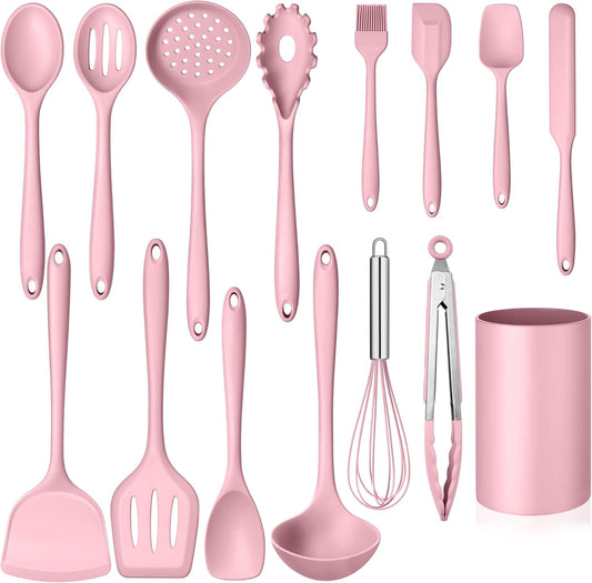 Homikit 15-Piece Kitchen Utensil Set, Silicone Cooking Utensils Spatula Set with Holder for Nonstick Cookware, Heat Resistant Kitchen Tools Gadgets for Cooking and Baking-Pink