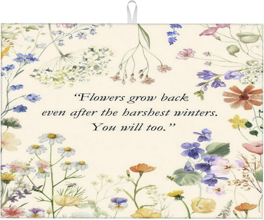 Inspirational Flower Language Dish Drying Mat 18x24 Inch, Microfiber Absorbent Fast Dry Mat Daisy Floral Large Dish Mat Drying Kitchen Mat, Kitchen Drying Pad for Kitchen Counter Decor