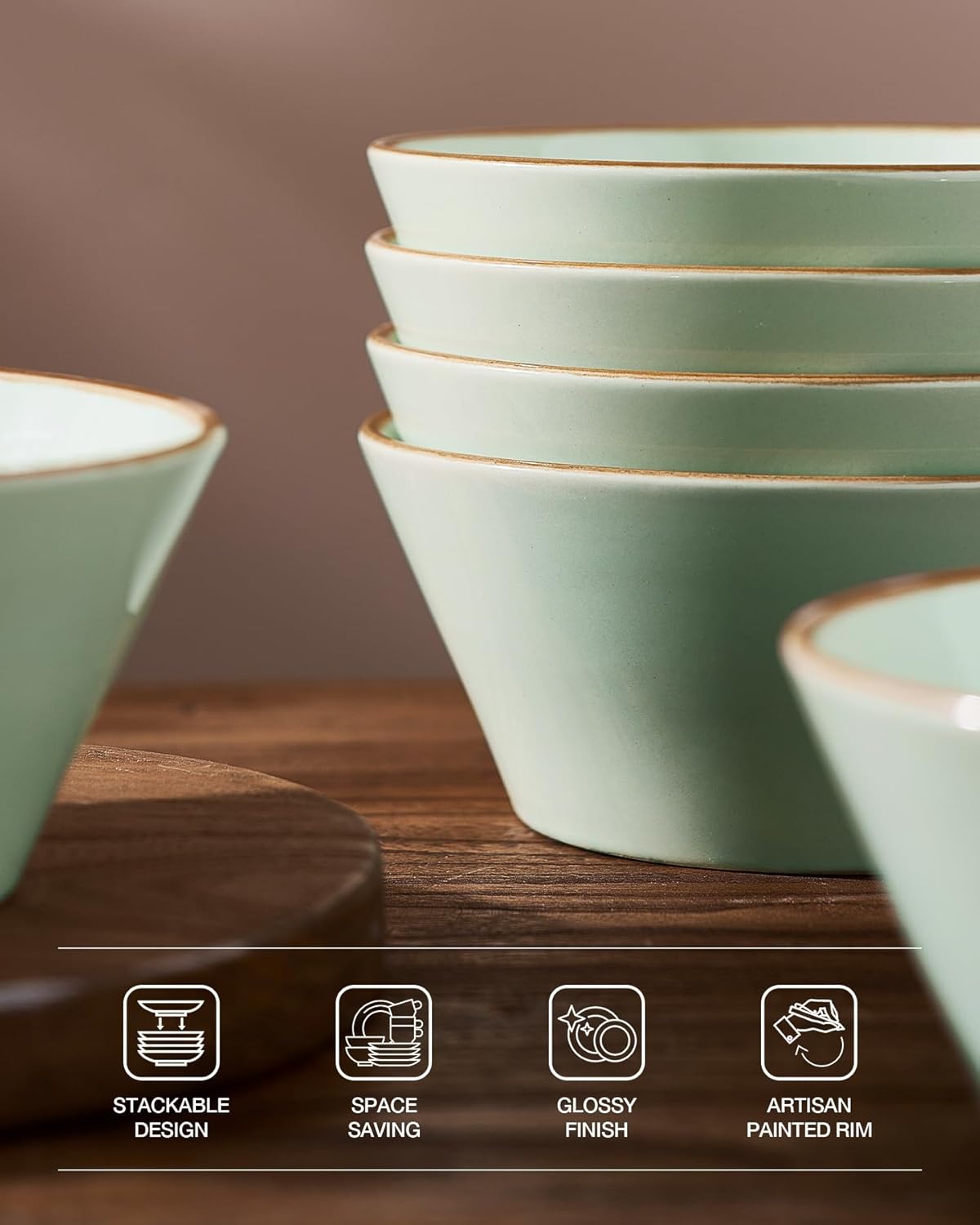 Famiware Saturn Dinnerware Sets, Plates and Bowls Sets for 4, 12 Pieces Stoneware Dish Set - Chip and Scratch Resistant, Microwave and Dishwasher Safe Tableware Set, Light Green with Rim