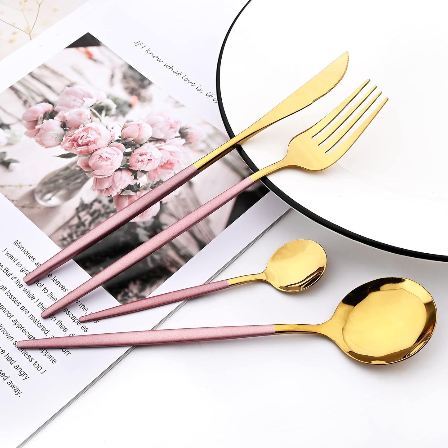 Pink Gold 24Pcs Flatware Set With Stand, Lightweight Dinnerware Set Stainless Steel Cutlery With Pink handles For Home Kitchen Wedding Party And Daily Use,Service For 6, Mirror Polish